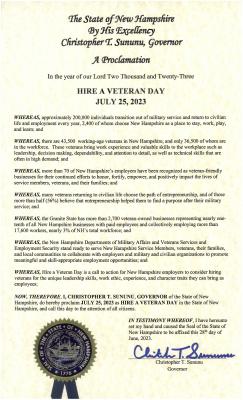 Image of Governor Sununu's signed proclaming July 25th "Hire A Vet Day"